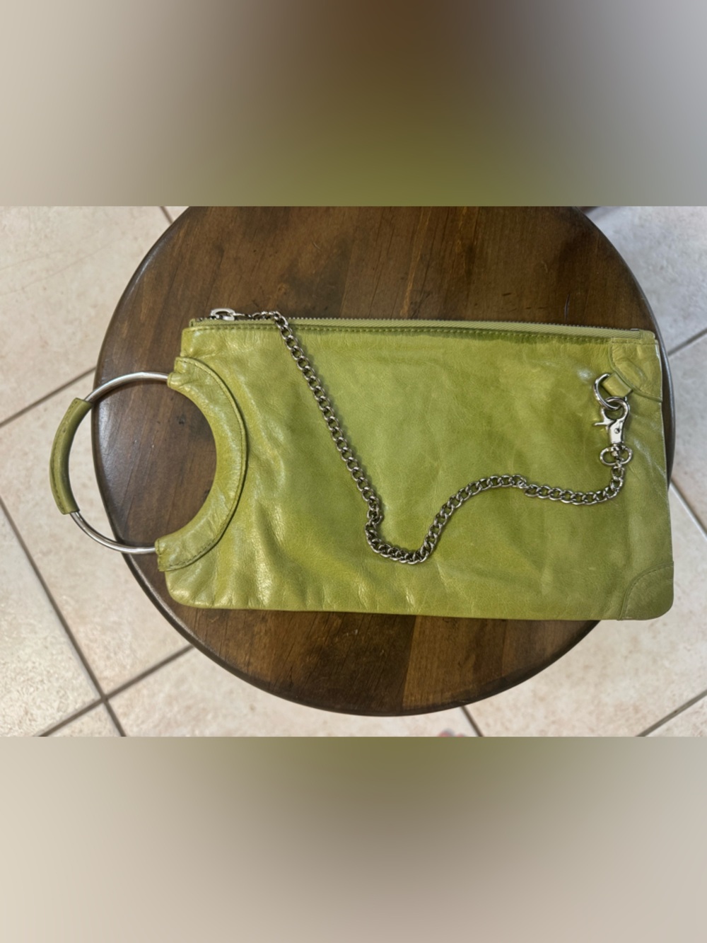 HOBO International Lime Green Leather Ring-Handle Clutch with Chain Strap